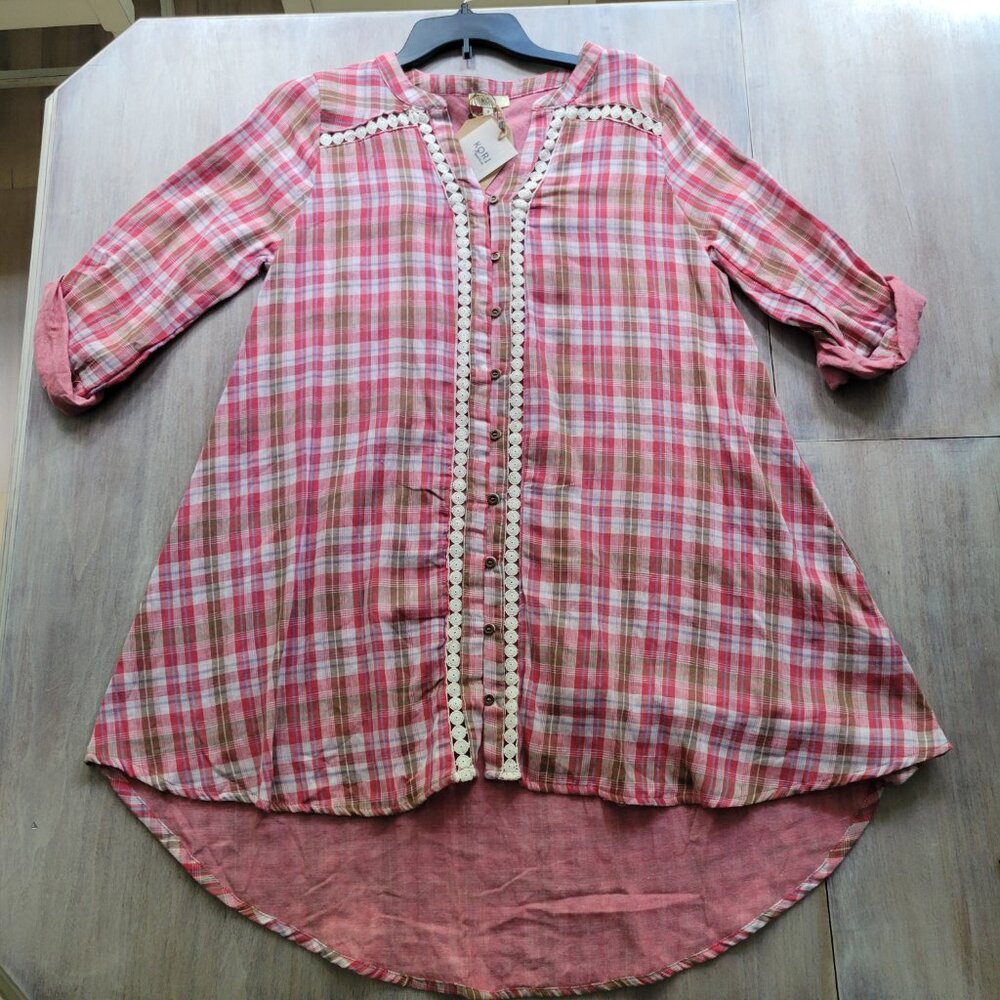 NWT Kori Tunic Dress Womens Small Red Plaid Lace Roll Tab Sleeve Button